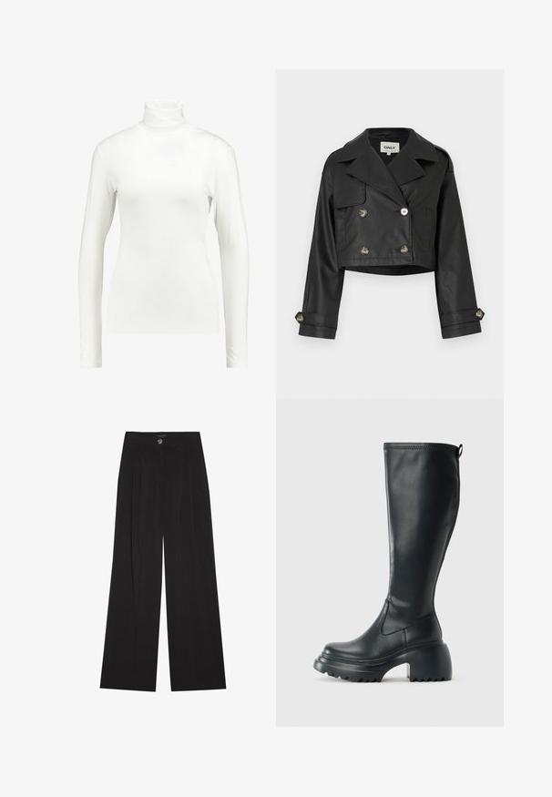 Schwarze, kurze Lederjacke mit einem doppelt geknöpften Design, Metallknöpfen, großen Revers und hochgekrempelten Ärmeln. Glatte Textur.; Kaffe YOKO ROLLNECK LS - Langarmshirt - chalk; Schwarze weit geschnittene Hose mit Falten, mit einem Knopfverschluss und zwei seitlichen Taschen; glatte Textur mit tailliertem Design.; Hoher schwarzer Lederstiefel mit einer robusten Plateausohle und Blockabsatz, der über eine Zuglasche und ein strukturiertes Profil an der Außensohle verfügt.