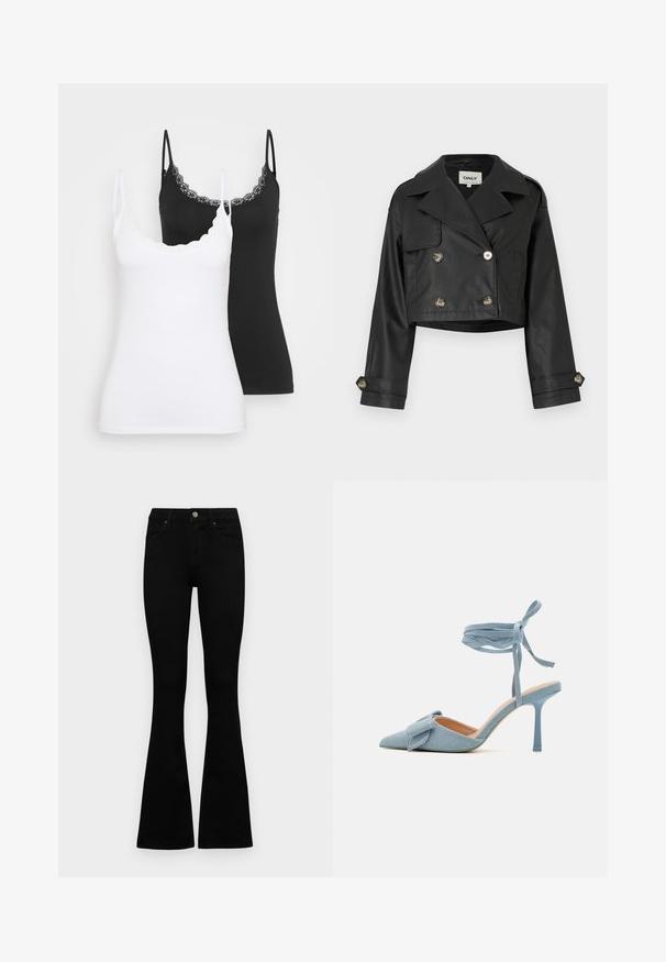 Jachetă din piele neagră, scurtă, cu un design cu două rânduri de nasturi, nasturi metalici, rever mari și mâneci rulate. Textură netedă.; Două topuri slim-fit cu dantelă, unul alb și unul negru, prezentate pe un fundal simplu de culoare deschisă.; Jeans negri cu talie înaltă, cu închidere prin nasture și fermoar, buzunare frontale și picioare evazate, așezați pe un fundal alb.; Pantof cu toc înalt, cu vârful ascuțit, dintr-un material light blue cu o textură fină, având o fundiță decorativă și o curea la gleznă pentru o ajustare sigură.