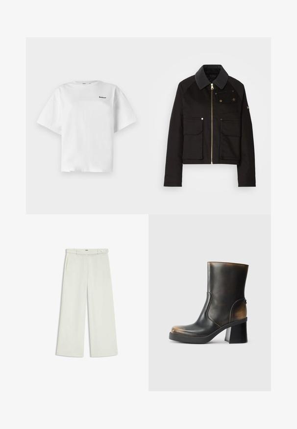 Black cropped jacket made of durable fabric, featuring a zip front, contrasting collar, and multiple front pockets with brass hardware accents.; White cotton t-shirt with short sleeves, featuring a relaxed fit and black "Barbour" logo on the front left side.; Wide-leg pants in light cream fabric, featuring side pockets, a flat front, and a single button closure at the waist. Smooth texture.; Black leather ankle boot with a glossy finish, rounded toe, contrasting tan accents, a block heel, and a side zipper detail.
