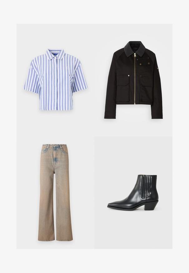 Schwarze cropped Jacke aus strapazierfähigem Stoff, mit einem Reißverschluss vorne, kontrastierendem Kragen und mehreren Vordertaschen mit Messingbeschlägen.; Kurzärmeliges Hemd in hellblauen und weißen vertikalen Streifen, mit Knopfleiste, klassischem Kragen und weichem, strukturiertem Stoff.; Schwarzes Langarmoberteil aus geripptem Stoff. Hat einen runden Halsausschnitt und eine schmale Passform. Keine Muster oder Verzierungen. Einfaches Design.; Helle, weit geschnittene Jeans mit hoher Taille, aus Denim gefertigt. Verfügt über dezente Nähte und fünf Taschen, mit einer leicht verblassten Textur.; Schwarze Leder-Ankle-Boots mit spitzem Zehenbereich, seitlichen elastischen Einsätzen mit vertikalen Rillen und einem niedrigen Blockabsatz. Glatte Textur und elegantes Design.