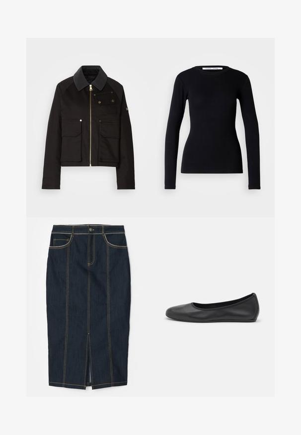 Fekete, rövidített dzseki tartós anyagból, cipzáras elejével, kontrasztos gallérral és több elülső zsebbel, sárgaréz kiegészítőkkel.; Fekete, hosszú ujjú felső bordás anyagból. Kerek nyakkivágással és testhez simuló fazonnal rendelkezik. Minták vagy díszítések nincsenek rajta. Egyszerű dizájn.; Sötét farmer ceruzaszoknya sárga varrással, elülső hasítékkal, öt zsebbel és gombos zárással a deréknál. Az anyaga sima.; Fekete bőr balettcipő lekerekített orral, sima tekstúrával, minimális varrással és rugalmas talp kialakítással.