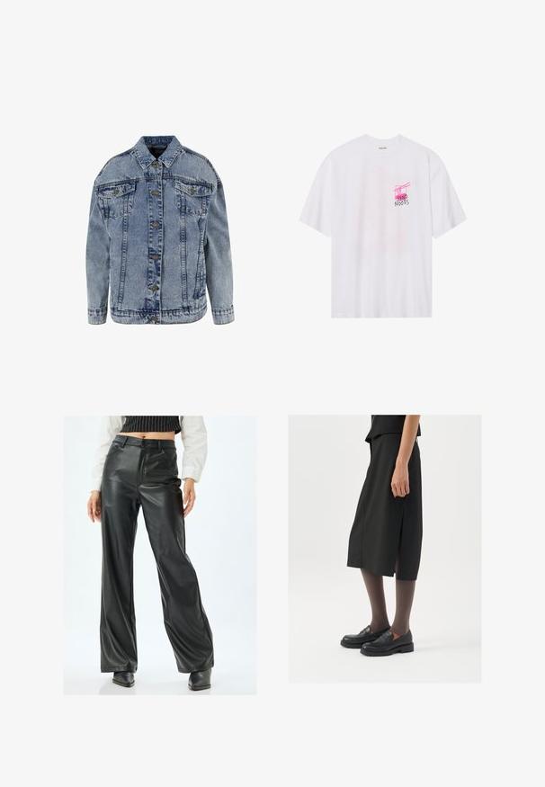 Lichtblauwe denimjack met een klassieke kraag, knoopsluiting, lange mouwen, twee borstzakken en een relaxte pasvorm.; Witte katoenen t-shirt met een grafisch ontwerp waarop roze tekst staat die "SEND NOODS" leest, samen met eetstokjes, geplaatst binnen een vierkante omranding.; Zwarte faux leren wijde broek met een hoge taille, voorzakken en een gladde textuur. Voorzien van een enkele knopen sluiting en riemlussen.; Zwarte knielange rok met zijsplit, gecombineerd met zwarte loafers en doorzichtige bruine panty's, met een mooie stof en een eenvoudig ontwerp.