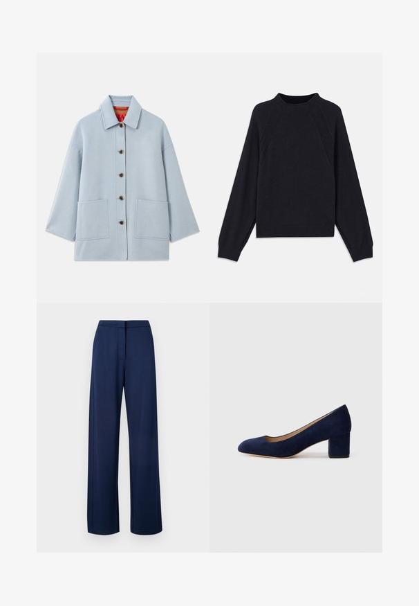 Jachetă dintr-un amestec de lână, de culoare albastră deschisă, cu guler, cinci nasturi, două buzunare frontale și o căptușeală roșie cu eticheta mărcii.; Pulover în nuanță închisă de navy, cu guler rotund, mâneci lungi tip raglan, manșete ribbate și tiv drept. Fabricat dintr-un material tricotat moale și texturat.; Pantaloni navy blue, cu picior larg, realizați dintr-o țesătură moale și elastică, cu un talie netedă și buzunare laterale discrete.; Pantof cu toc din suede bleumarin, cu vârful ascuțit și un toc de înălțime medie în formă de bloc. Textură netedă cu o strălucire subtilă și o mică decupare în față.