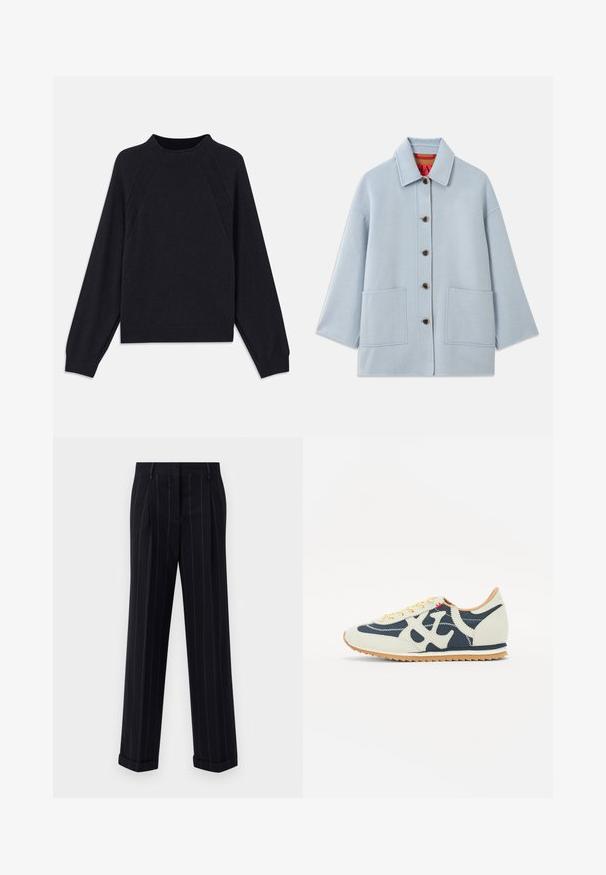 Hele sinine villane jope kaelusega, viie nupuga, kahe eesmise kotiga ja punase voodriga, millel on brändi silt.; Tume meresinine sviiter ümmarguse kaelusega, pikkade raglanist varrukatega, soonikkoes mansettidega ja sirge äärega. Valmistatud pehmest, tekstuuriga kudumist.; Mustra mustriga tumeda värvusega püksid, millel on kohandatud lõige, varras ja ees olevad voldid. Valmistatud siledast kangast, millel on struktureeritud disain.; Tossud, mis sisaldavad kreemja, tumesinise ja nahkmeeste materjalide segu, lipsukujundus, diagonaalsed õmblused ning kummist tallad hea haardumisega.