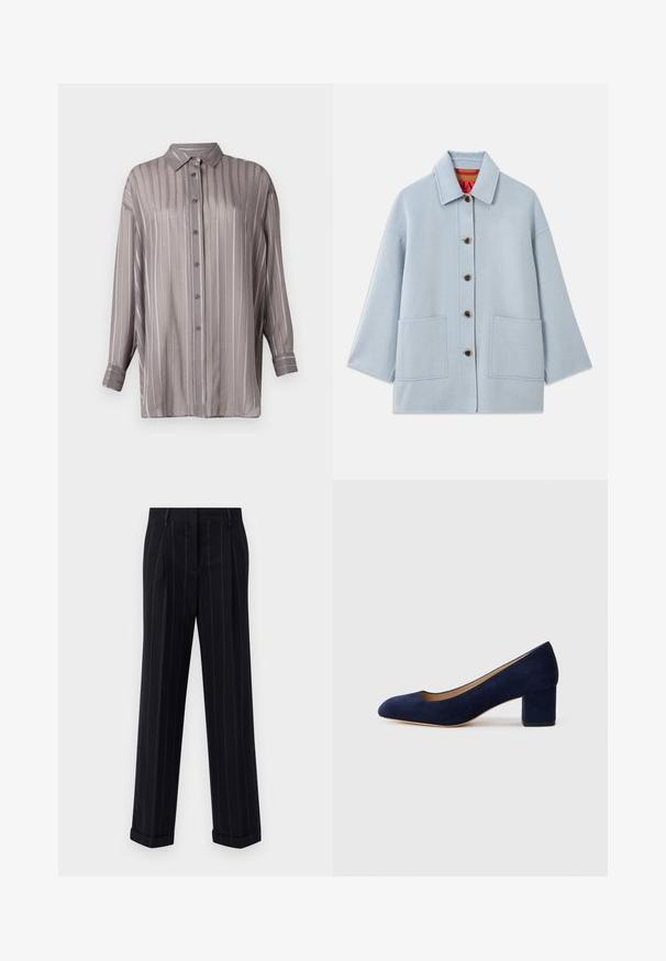 Light blue, wool blend jacket with a collar, five buttons, two front pockets, and a red inner lining featuring the brand label.; Light gray button-up shirt with vertical stripes, long sleeves, and a collar. Made of a smooth, slightly sheer fabric.; Black pinstriped trousers with a tailored fit, featuring a cuffed hem and front pleats. Made of smooth fabric with a structured design.; Navy blue suede pump with a pointed toe and a mid-height block heel. Smooth texture with a subtle sheen and a small cutout at the front.