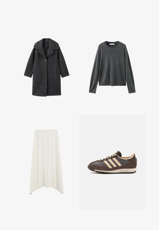 Manteau en laine à carreaux gris avec un large col, des poches avant et une fermeture à boutons. Le design présente une silhouette structurée et un tissu texturé.; Pull en tricot gris à manches longues, col rond et coupe décontractée. Fabriqué en tissu doux avec une texture lisse et sans motifs visibles.; Une jupe beige clair, longueur cheville, en tissu texturé, dotée d'une taille élastique douce et d'un ourlet asymétrique.; Baskets de sport marron avec une tige en cuir et en daim, design à trois rayures crème, semelle extérieure texturée et col rembourré.