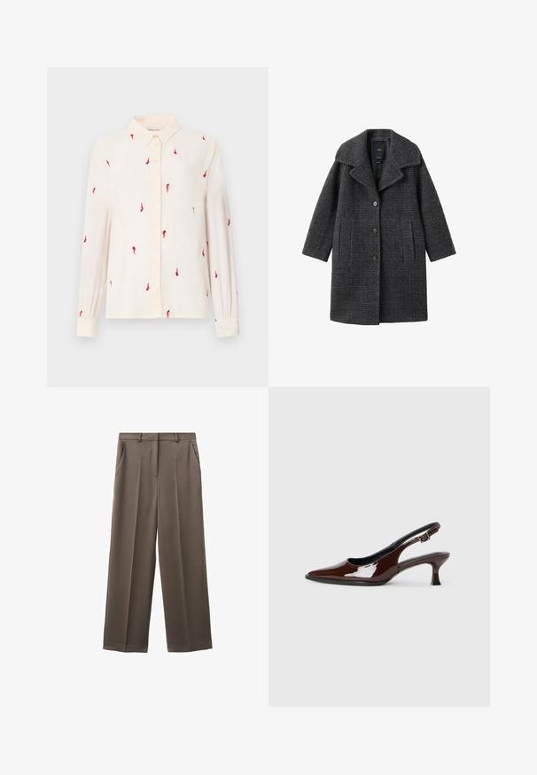 Šedý kostkovaný vlněný kabát s širokým límcem, předními kapsami a zapínáním na knoflíky. Design se vyznačuje strukturovanou siluetou a texturovanou tkaninou.; Světle béžová košile s dlouhým rukávem a límcem na knoflíky, s vyšívanými červenými ptáčky po celé ploše a knoflíkovými uzávěry na přední straně a na manžetách.; Kalhoty s širokými nohavicemi v tlumené hnědé látce s hladkou texturou, s dvěma předními kapsami a na míru ušitým pasem.; Hnědé lakované kožené slingback boty s špičatou špičkou a mírným podpatkem. Disponují přezkou pro bezpečné upevnění. Hladký povrch.