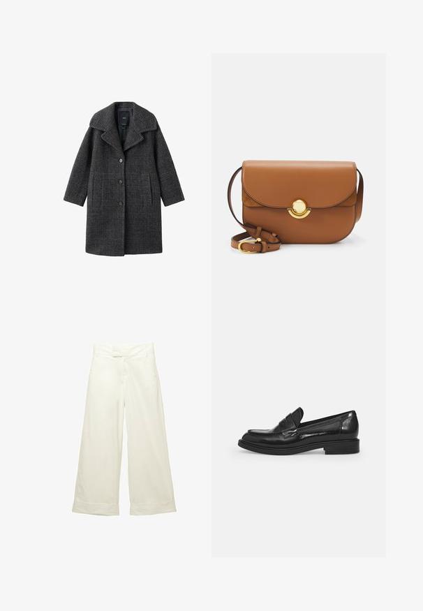 Cappotto di lana a quadri grigi con un ampio colletto, tasche frontali e chiusura con bottoni. Il design presenta una silhouette strutturata e un tessuto testurizzato.; T-shirt bianca di cotone oversize con maniche corte, scollatura rotonda e superficie liscia. Senza motivi o dettagli metallici visibili.; Pantaloni a gamba larga in morbido tessuto color crema. Presentano una vita liscia e orli arrotolati. Tessuto liscio con un design pulito e minimalista.; Mocassini in vernice nera con punta arrotondata, una fascia decorativa sulla parte superiore e un tacco basso a blocco. Texture liscia e lucida.; Borse a tracolla in pelle marrone con bordi arrotondati, chiusura a pattina magnetica e hardware dorato. Cinghia regolabile per versatilità.