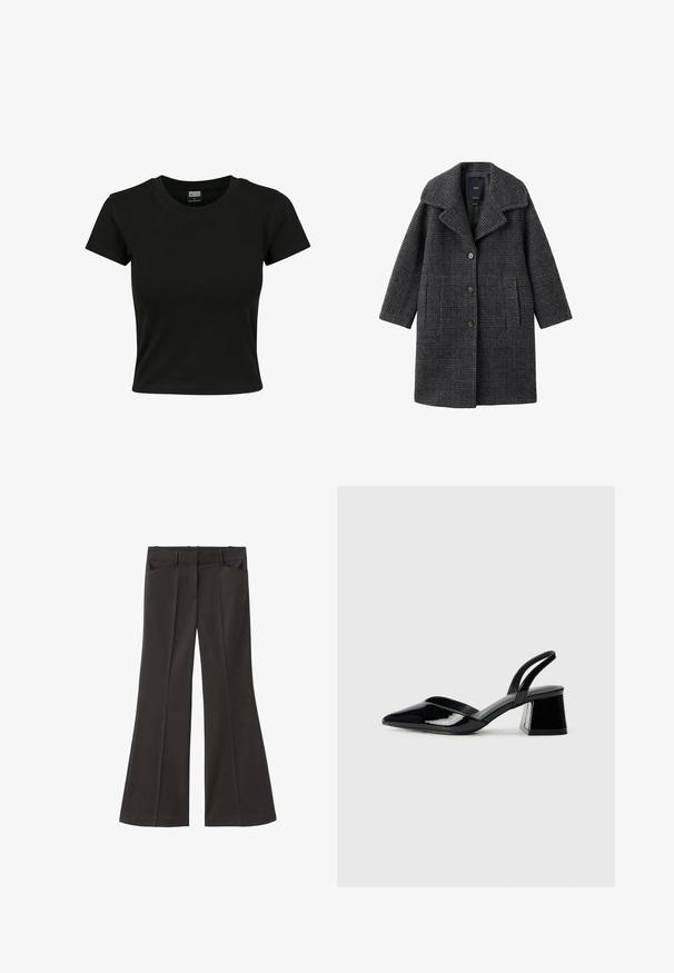 Grijze geruite wollen jas met een brede kraag, voorzakken en knoopsluiting. Het ontwerp heeft een gestructureerde silhouet en textuurstof.; Zwarte kortekorte mouw t-shirt van gladde katoenen stof, met een ronde halslijn en een getailleerde pasvorm. Geen zichtbare patronen of accenten.; Zwarte flared broek met een hoge taille; beschikt over twee voorkeurszakken en een gladde stoftextuur. Geschikt voor verschillende gelegenheden.; Zwarte gepatineerde leren slingback hakken met een spitse neus en een geometrische blokhak. Kenmerkt zich door een slank, minimalistisch ontwerp en een gladde textuur.