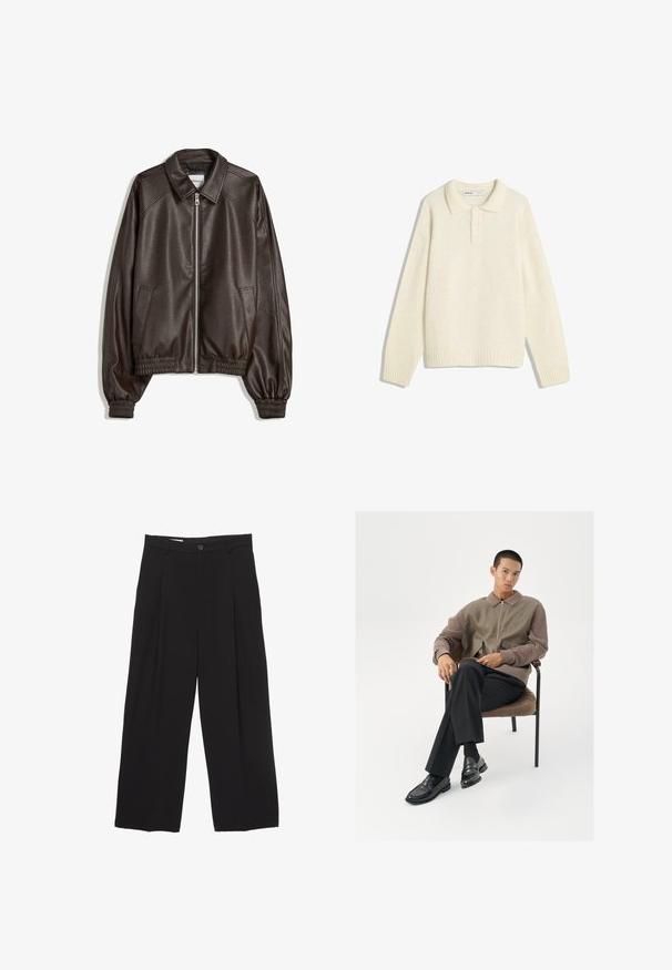 Hnedá kožená bomber bunda s golierovým výstrihom, zipsom, rebrovanými manžetami a textúrovaným povrchom. Obsahuje bočné vrecká.; Pulóver v krémovej farbe s golierom, štyrmi gombíkmi, širokými rebrovanými manžetami a lemom. Mäkká textúra, voľný strih a minimálny dizajn.; Čierne široké nohavice vyrobené z hladkej tkaniny, s plochým pásom, prednými záhybmi a jedným zapínaním na gombík.; Pánska zipsová bunda v zemitých tónoch, s textúrovanou tkaninou a nadrozmernými vreckami. Úzke čierne nohavice a lesklé čierne mokasíny.