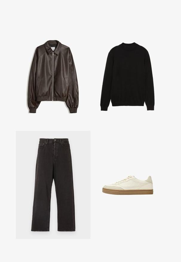 Hnedá kožená bomber bunda s golierovým výstrihom, zipsom, rebrovanými manžetami a textúrovaným povrchom. Obsahuje bočné vrecká.; Čierny pletený sveter s vysokým golierom, dlhými rukávmi a rebrovanými manžetami a lemom; hladká textúra, klasický strih a jednofarebný dizajn.; Čierne nohavice s širokými nohavicami vyrobené z denimu, s uzatváraním na gombík a zips, pútkami na opasok a bočnými vreckami s jemnou textúrou.; Biele kožené nízke tenisky s béžovými akcentmi a textúrovanou gumovou podrážkou. Obsahujú tónované švy a zaoblený tvar špičky.