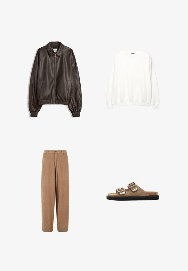 Barna bőr bomber dzseki galléros nyakkal, cipzáras záródással, bordázott mandzsettákkal és struktúrált felülettel. Oldalsó zsebekkel rendelkezik.; Fehér pulóver, kerek nyakkivágás, hosszú ujjak, laza szabású. Puha anyag ribbelt mandzsettákkal és szegéllyel. Minimalista dizájn, látható logók vagy minták nélkül.; Világosbarna kordbársony nadrág, egyenes szárú fazonban, gombos záródással és oldalsó zsebekkel, dombornyomott bordás felülettel.; Barna velúr csúszó szandálok, két állítható ezüst csattal, fekete textúrájú talppal és perforált részletekkel a felső részen.