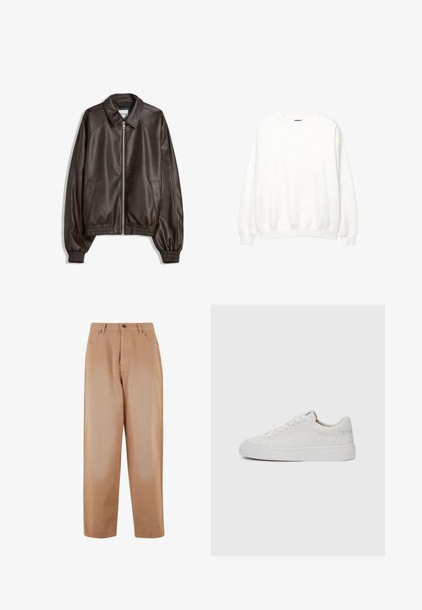 Brązowa skórzana kurtka bomberka z kołnierzem, zamek błyskawiczny, ściągacze na mankietach i teksturowane wykończenie. Posiada kieszenie boczne.; Biała bluza, okrągły dekolt, długie rękawy, luźny krój. Miękka tkanina z ściągaczami przy mankietach i dolnym obszyciu. Minimalistyczny design, bez widocznych logo i wzorów.; Beżowe spodnie o szerokich nogawkach, wykonane z miękkiej tkaniny bawełnianej. Posiadają zapięcie na guzik z przodu i zamek błyskawiczny, pięć kieszeni oraz szlufki na pasek.; Białe skórzane sneakersy niskie z okrągłym noskiem, płaską białą gumową podeszwą i minimalistycznymi detalami w szwie. Sznurówki zabezpieczone przez sześć oczek.