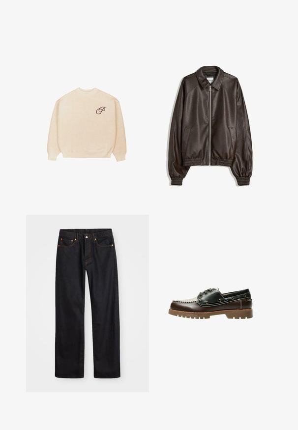 Braune Lederbomberjacke mit einem Kragen, Reißverschluss, gerippten Bündchen und einer strukturierten Oberfläche. Verfügt über Seitentaschen.; Beige Rundhalspullover mit langen Ärmeln und gerippten Bündchen, mit einem kleinen dunklen gestickten Schriftzug "P" auf der linken Brust.; Herren gerade geschnittene schwarze Jeans aus Denim mit fünf Taschen und orangefarbenen Nähten, Knopf- und Reißverschluss vorne am Bund.; Braun-schwarzes Leder-Bootsschuh mit Schnürung, kontrastierenden Nähten und einer strukturierten Gummisohle. Verfügt über Metallösen und eine abgerundete Zehenpartie.