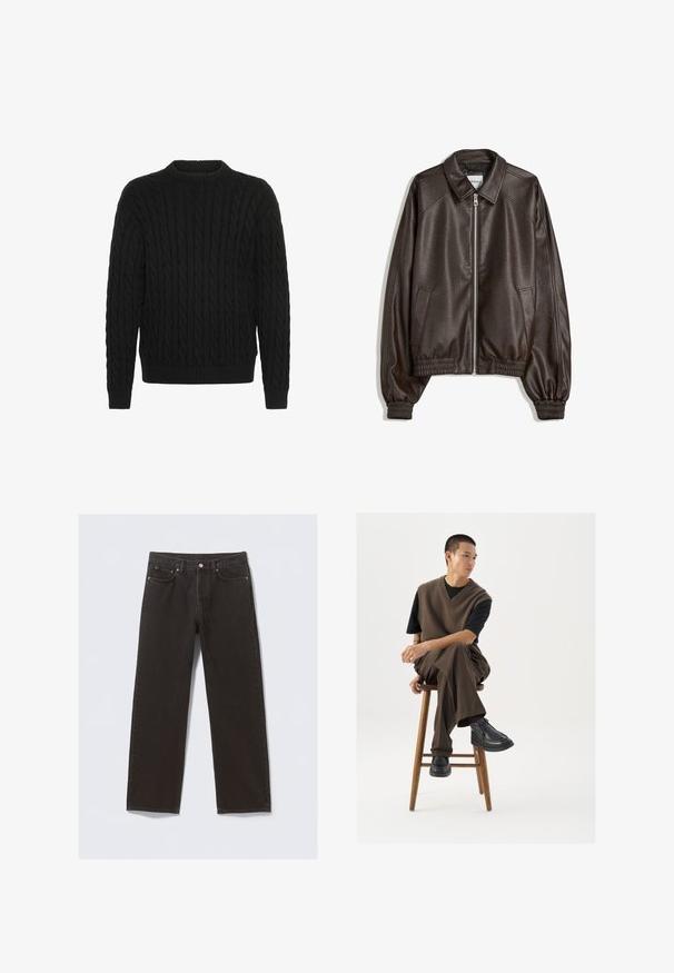 Bruine leren bomberjack met een kraaghals, ritssluiting, geribbelde boorden en een gestructureerde afwerking. Bevat zijzakken.; Solid SDMALCOLM - Trui - true black; Zwarte spijkerbroek van denim met een recht model, vijf zakken en koperkleurige stiksels. Glad textuur, klassieke knoopsluiting bij de taille.; Bruin gebreid vest over een zwart t-shirt, gecombineerd met bruine wijde broek en zwarte chunky schoenen, zittend op een houten kruk.