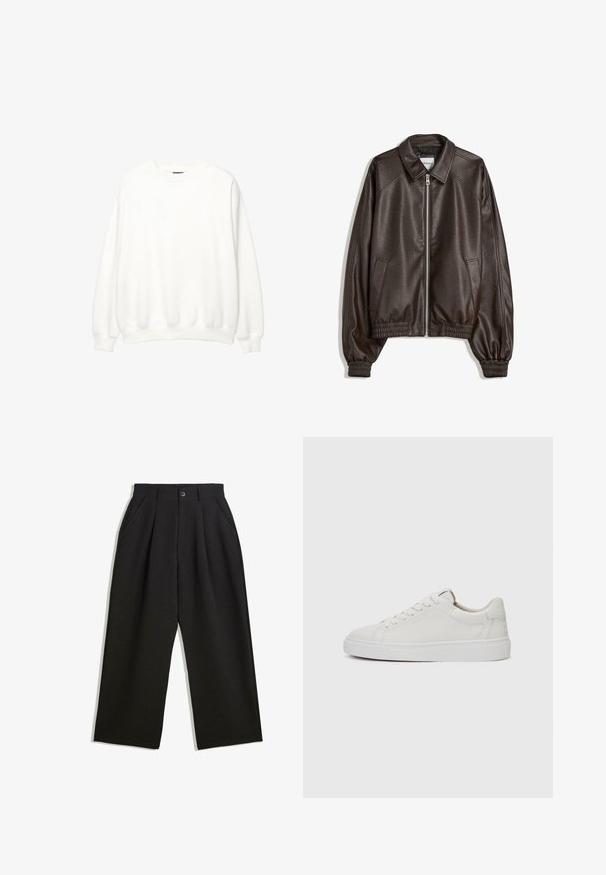 Rjava usnjena pilotska jakna s ovratnikom, zadrgo, rebrastimi manšetami in teksturirano površino. Ima stranska žepa.; Bela majica s kapuco, kroj s okroglim izrezom, dolgi rokavi, sproščen kroj. Mehka tkanina z rebrastimi manšetami in robom. Minimalističen dizajn, brez vidnih logotipov ali vzorcev.; Črne hlače z sproščenim krojem, z naborki spredaj, stranskimi žepi in gumbom za zapiranje. Narejene so iz strukturirane tkanine.; Bele usnjene superge z nizkim zgornjim delom, okroglo konico, ravnim belim gumijastim podplatom in minimalističnimi šivi. Šnure so pritrjene skozi šest lukenj.