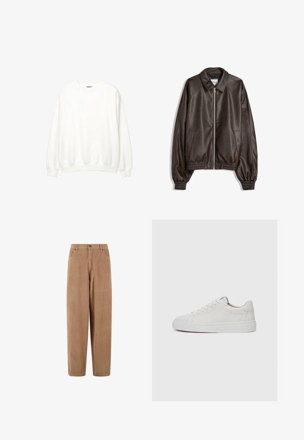 Brązowa skórzana kurtka bomberka z kołnierzem, zamek błyskawiczny, ściągacze na mankietach i teksturowane wykończenie. Posiada kieszenie boczne.; Biała bluza, okrągły dekolt, długie rękawy, luźny krój. Miękka tkanina z ściągaczami przy mankietach i dolnym obszyciu. Minimalistyczny design, bez widocznych logo i wzorów.; Spodnie w kolorze jasnobrązowym z materiału sztruksowego, o prostym kroju nogawki, z zapięciem na guzik i bocznymi kieszeniami, teksturowana powierzchnia w prążki.; Białe skórzane sneakersy niskie z okrągłym noskiem, płaską białą gumową podeszwą i minimalistycznymi detalami w szwie. Sznurówki zabezpieczone przez sześć oczek.