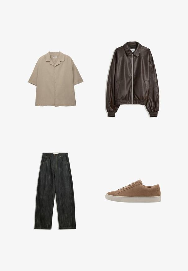 Brązowa skórzana kurtka bomberka z kołnierzem, zamek błyskawiczny, ściągacze na mankietach i teksturowane wykończenie. Posiada kieszenie boczne.; Beżowa koszula z krótkim rękawem z lekkiego materiału, o luźnym kroju, z kołnierzykiem z wycięciem i subtelną teksturą.; Ciemnogranatowe dżinsy o luźnym kroju, z delikatną pionową teksturą, żółtym przeszyciem, pięcioma kieszeniami i klasycznym zapięciem na guzik.; Brązowe zamszowe sneakersy niskie z beżową gumową podeszwą i dopasowanymi brązowymi sznurówkami, przedstawione z boku na białym tle.