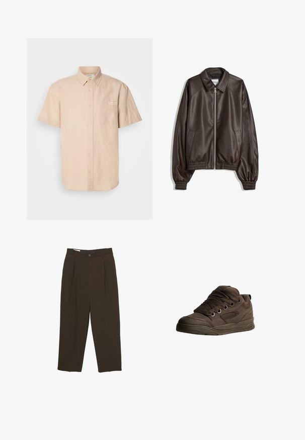 Rjava usnjena pilotska jakna s ovratnikom, zadrgo, rebrastimi manšetami in teksturirano površino. Ima stranska žepa.; Bežna srajca s kratkimi rokavi, izdelana iz bombaža, ki ima sprednji žep in majhen logotip na levi strani.; Temno rjave hlače po meri s sprednjimi gubami, zankami za pas in gumbom za zapiranje ob pasu.; Rjave športne čevlje, izdelane iz gladkega sintetičnega materiala. Imajo debele vezalke, mrežaste dodatke, podložen ovratnik in strukturo gumijastega podplata.