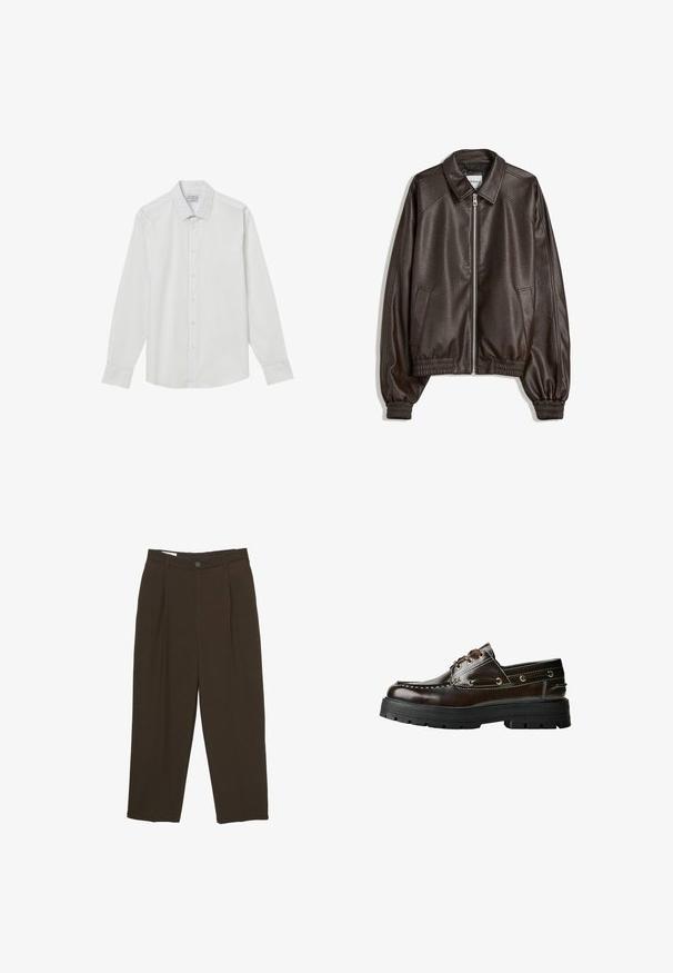 Veste bomber en cuir marron avec un col, fermeture éclair, poignets côtelés et une finition texturée. Dispose de poches latérales.; Chemise blanche à manches longues en tissu léger, dotée d'un col classique, d'un bouton devant et de poignets à un bouton.; Pantalons ajustés marron foncé avec des plis à l'avant, passants de ceinture et fermeture à bouton à la taille.; Bateau en cuir marron avec une semelle en caoutchouc, présentant des détails de couture, des œillets en métal et un design à lacets. Construction épaisse et légère.
