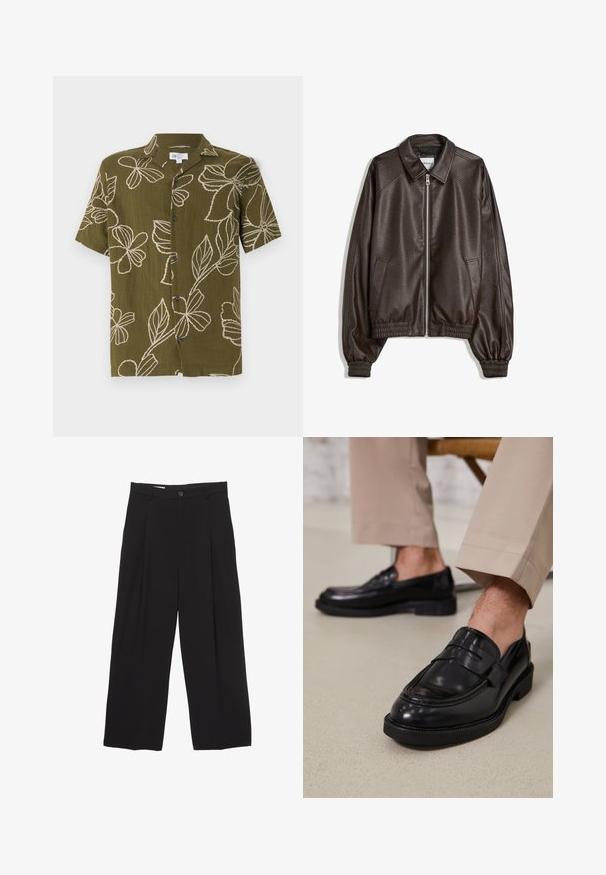 Braune Lederbomberjacke mit einem Kragen, Reißverschluss, gerippten Bündchen und einer strukturierten Oberfläche. Verfügt über Seitentaschen.; Kurzärmliges olivgrünes Hemd mit weißer Blumenstickerei, durchgehender Knopfleiste und lockerer Passform. Weicher Stoff, lässiges Design geeignet für warmes Wetter.; Schwarze weit geschnittene Hose aus glattem Stoff, mit flachem Taillenbund, vorderen Falten und einer einzigen Knopfverschlus.; Schwarze Lederloafers mit glatter Oberfläche, ausgestattet mit einem dekorativen Riemen und Kontrastnähten, kombiniert mit beigen Hosen.
