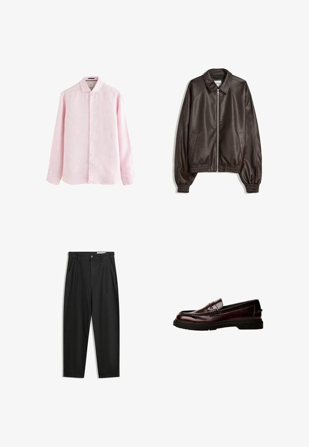Veste bomber en cuir marron avec un col, fermeture éclair, poignets côtelés et une finition texturée. Dispose de poches latérales.; Chemise à manches longues rose clair en lin, avec un col rabattu, une patte de boutonnage à l'avant avec des boutons blancs, et un ourlet légèrement arrondi.; Pantalon en coton noir avec une coupe décontractée, dotés d'une taille classique, de plis à l'avant et de poches latérales. Texture lisse sans motifs.; Mocassins en cuir marron avec un bout arrondi, une couture détaillée et une semelle en caoutchouc. Présente une sangle décorative et une texture lisse.