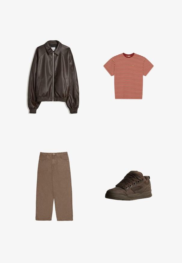Bruine leren bomberjack met een kraaghals, ritssluiting, geribbelde boorden en een gestructureerde afwerking. Bevat zijzakken.; Korte mouwen ronde hals T-shirt met horizontale rode en beige strepen en kleine gouden borduursel op de borst tegen een witte achtergrond.; Bruine wijde pijpenbroek van katoen, met twee voorkruiken en een knoopsluiting. De stof heeft een zachte textuur en een matte afwerking.; Bruine sportieve schoenen gemaakt van glad synthetisch materiaal. Bevat dikke veters, mesh-accenten, een gevoerde kraag en een gestructureerde rubberen zool.