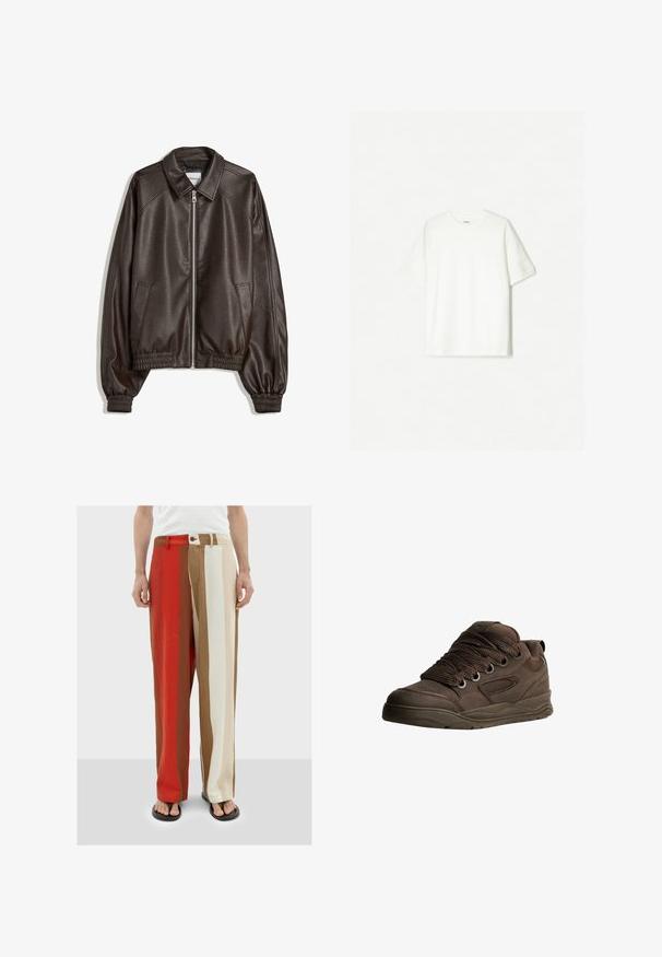Brązowa skórzana kurtka bomberka z kołnierzem, zamek błyskawiczny, ściągacze na mankietach i teksturowane wykończenie. Posiada kieszenie boczne.; Biała koszulka z krótkim rękawem, wykonana z miękkiej bawełny. Krój z okrągłym dekoltem, luźny fason bez widocznych logo czy wzorów.; Thinking Mu MARC czerwony; Brązowe buty sportowe wykonane z gładkiego materiału syntetycznego. Oferują grube sznurówki, siateczkowe akcenty, wyściełany kołnierz oraz teksturowaną gumową podeszwę.