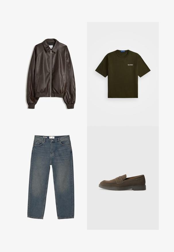 Brun läderbomberjacka med krage, dragkedjestängning, ribbade manschetter och en strukturerad yta. Har sidofickor.; Mörk olivgrön kortärmad t-shirt med rund hals och liten vit "Polo Sport Ralph Lauren"-logotyp på vänster bröst.; Blå denimjeans med lös passform, med en klassisk femfickdesign och minimal blekning. Inkluderar knappstängning och bälteshällor.; Brun mockasnär med rund tå, ett rem över framfoten och en platt gummisula. Enkelt design med rena linjer och minimal detaljering.