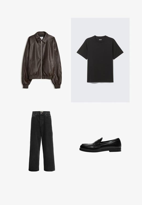 Brown leather bomber jacket with a collared neckline, zip closure, ribbed cuffs, and a textured finish. Features side pockets.; Black short-sleeve T-shirt made of soft cotton, featuring a round neckline and simple design without patterns or accents.; Black wide-leg jeans made from denim fabric. Features a high waist, two front pockets, a button closure, and subtle stitching details.; Black leather loafer with a smooth finish, featuring a stitch detail on the vamp and a low, solid black rubber sole.