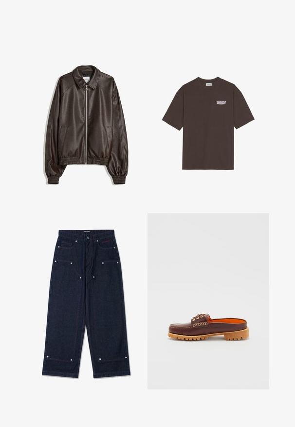 Brown leather bomber jacket with a collared neckline, zip closure, ribbed cuffs, and a textured finish. Features side pockets.; Brown cotton T-shirt with a relaxed fit, short sleeves, and a small "DELICIOUS REFRESHING FRUIT" graphic in white and purple.; Dark denim wide-leg pants with two front pockets, silver hardware details, and contrasting red stitching. Features a button closure and brand logo.; Brown leather slip-on shoe with a rounded toe, textured stitching detail, gold eyelets, and a tan, ridged outsole. Interior features bright orange.