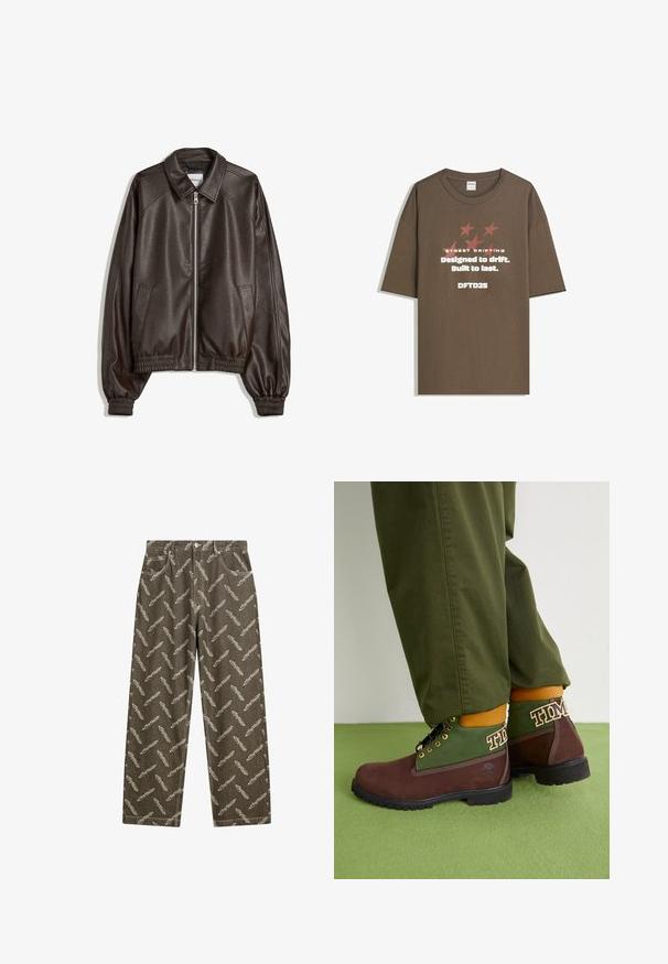 Jachetă bomber din piele maro, cu guler, închidere cu fermoar, manșete ribbate și o finisare texturată. Include buzunare laterale.; Tricou din bumbac maro, cu mâneci scurte, având un design grafic cu text și stele în culori contrastante. Croială dreaptă cu guler rotund.; Pantaloni din denim khaki cu un model de pene pe toată suprafața în bej deschis. Croi larg, cu buzunare standard și detalii de cusătură în contrast.; Timberland Botine cu șireturi - dark brown/green
