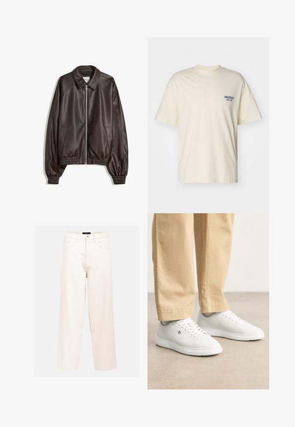 Brązowa skórzana kurtka bomberka z kołnierzem, zamek błyskawiczny, ściągacze na mankietach i teksturowane wykończenie. Posiada kieszenie boczne.; T-shirt z krótkim rękawem w kolorze kremowym, wykonany z bawełny. Posiada małe niebieskie logo "ORIGINALS" na lewej piersi. Klasyczny krój i okrągły dekolt.; Jasno beżowe spodnie dżinsowe w szerokim kroju, wykonane z denimu bawełnianego, z wysokim stanem, pięcioma kieszeniami i pojedynczym zapięciem na guzik z przodu.; Białe skórzane sneakersy o gładkim wykończeniu, z okrągłym noskiem, sznurowanym designem i subtelnym logo po boku, w połączeniu z beżowymi spodniami.