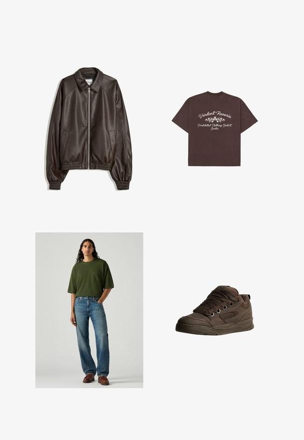 Brown leather bomber jacket with a collared neckline, zip closure, ribbed cuffs, and a textured finish. Features side pockets.; Dark brown short-sleeve T-shirt with white floral graphic and text "Verdant Reverie, Prohibited Clothing GmbH Berlin" on the back.; Green short-sleeve t-shirt with a chest pocket, paired with light blue denim jeans. Model stands in brown shoes on a gray background.; Brown athletic shoes made of smooth synthetic material. Features thick laces, mesh accents, padded collar, and textured rubber sole.