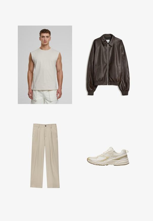 Braune Lederbomberjacke mit einem Kragen, Reißverschluss, gerippten Bündchen und einer strukturierten Oberfläche. Verfügt über Seitentaschen.; Urban Classics OPEN EDGE SLEEVELESS - Top - cloud; Beige Hosen mit geradem Schnitt, ausgestattet mit einem einzelnen schwarzen Knopf, Gürtelschlaufen und Seitentaschen. Glatte Stofftextur und minimalistisches Design.; Weiße Sportschuhe aus Mesh und synthetischem Material, mit einer abgerundeten Zehe, gepolsteter Sohle und beigen Akzenten an den Seiten.