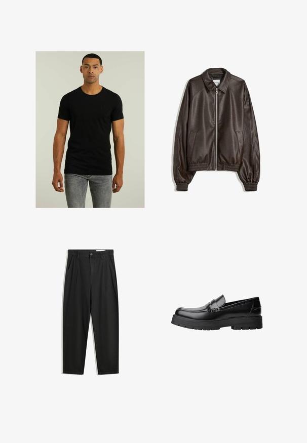 Jachetă bomber din piele maro, cu guler, închidere cu fermoar, manșete ribbate și o finisare texturată. Include buzunare laterale.; Tricou negru cu mânecă scurtă și guler rotund, având un logo texturat subtil pe piept; asortat cu blugi gri deschis. Design simplu.; Pantaloni negri din bumbac cu croială lejeră, având un brâu clasic, plii frontale și buzunare laterale. Textură netedă fără modele.; Mocasini din piele neagră, cu talpă groasă și profilată și bandă decorativă pe partea superioară, prezentati din profil stâng pe fundal alb.