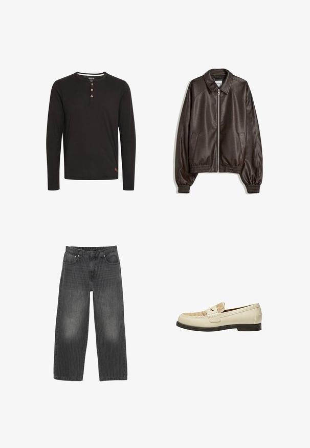 Rjava usnjena pilotska jakna s ovratnikom, zadrgo, rebrastimi manšetami in teksturirano površino. Ima stranska žepa.; Črna majica z dolgimi rokavi iz mehkega blaga, z okroglim izrezom, gumbastim zapenjanjem z lesenimi gumbi in majhno oznako na robu.; Črne široke kavbojke iz jeansa z nežnimi navpičnimi črtami, obliko s petimi žepi in s sprednjim zapenjanjem na gumbe. Starana tekstura blizu žepov.; Brazhni usnjeni mokasini z pletenim detajlom na prstih in ravnim rjavim podplatom. Imajo dekorativni trak spredaj.