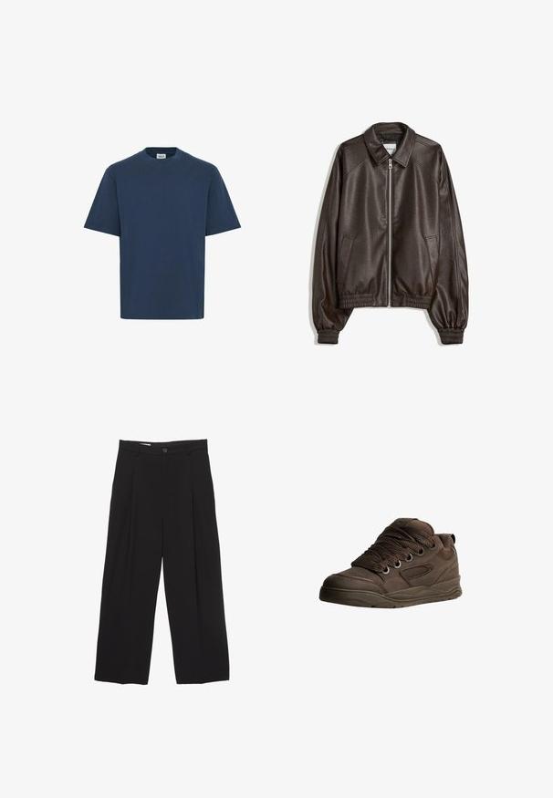Rjava usnjena pilotska jakna s ovratnikom, zadrgo, rebrastimi manšetami in teksturirano površino. Ima stranska žepa.; T-maica iz mornarsko modrega bombaža z okroglim izrezom, kratkimi rokavi in ravnim robom. Ima majhen oznako blagovne znamke na spodnji levi strani.; Črne široke hlače iz gladkega blaga, z ravnim pasom, sprednjimi povešalnimi pregibi in enim gumbom za zapiranje.; Rjave športne čevlje, izdelane iz gladkega sintetičnega materiala. Imajo debele vezalke, mrežaste dodatke, podložen ovratnik in strukturo gumijastega podplata.