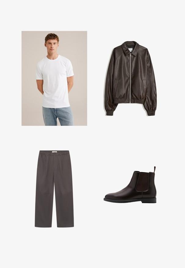 Hnědá kožená bomber bunda s límečkem, zapínáním na zip, žebrovanými manžetami a texturovaným povrchem. Obsahuje boční kapsy.; Mladý muž se světlými hnědými vlasy, oblečený v jednoduchém bílém tričku s krátkým rukávem a světle modrých džínách na béžovém pozadí.; Šedé široké kalhoty vyrobené z hladké látky, s knoflíkovým zapínáním a dvěma bočními kapsami. Jednoduchý, čistý design bez viditelných vzorů.; Hnědé kožené Chelsea boty se strečovými bočními panely, kulatou špičkou a poutkem pro snadné obouvání. Plná gumová podrážka. Jednoduchý design.
