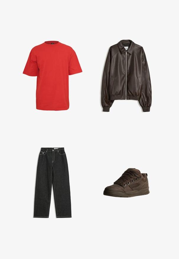Brun læder bomberjakke med krave, lynlåslukning, ribbede manchetter og en tekstureret overflade. Har sidelommer.; Rød bomulds T-shirt med korte ærmer, rund halsudskæring og en løs pasform. Har en ensfarvet farve uden mønstre eller detaljer.; Sorte straight-leg jeans med hvid syning, fem lomme-design, knap- og lynlåslukning samt et lille logo på den frontale højre lomme.; Brune sportsko lavet af glat syntetisk materiale. Har tykke snørebånd, mesh-detaljer, polstret krave og struktureret gummisål.