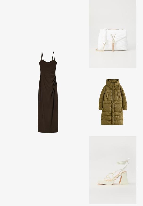 Długi oliwkowo-zielony pikowany płaszcz z dużym kapturem, zapięciem na napy, dwoma kieszeniami na piersi i dwiema dużymi kieszeniami z klapką z przodu.; Brązowa, bezrękawnikowa sukienka midi z cienkimi ramiączkami, z marszczonymi detalami z przodu, wykonana z gładkiego, zwiewnego materiału.; Biała sandał na wysokim obcasie z masywnym słupkiem, z paskowym wzorem i wiązaniem przy kostce. Gładka faktura z platformą z przodu dla dodatkowej wysokości.; Biała torebka z pikowanej tkaniny z klapą, złotym łańcuchem oraz charakterystycznymi złotymi elementami, w tym akcentem w kształcie "V" i detalem w postaci frędzla.