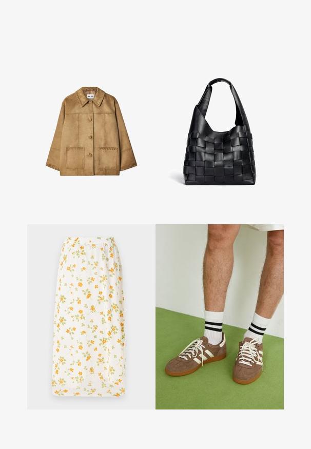 Brūna zamšāda jaka ar apkakli, priekšējo pogu aizdari, divām lielām kabatām un dekoratīvo izšuvumu gar pleciem un kabatām.; Baltas lina bez piedurknēm krekls ar dziļu V-veida kakla izgriezumu un aukliņu priekšu. Ievērojamas ir apkakle, sānu šuves un saišu detaļa apakšā.; Ziedu garā svārku izgatavots no viegla auduma, balts pamats ar izkaisītiem oranžiem un zaļiem ziediem, elastīga jostasvieta, plūstošs dizains.; Brūni zamša sporta apavi ar baltām akcentu un auklām. Kaučuka zole. Nēsāti ar baltām zeķēm, kurām ir melnas svītras. Zaļa struktūrēta grīda.; Melna ādas austā tote soma ar brīvu formu un plašu plecu siksnu. Aprīkota ar teksturētu, savītotu dizainu ar gludu apdari.