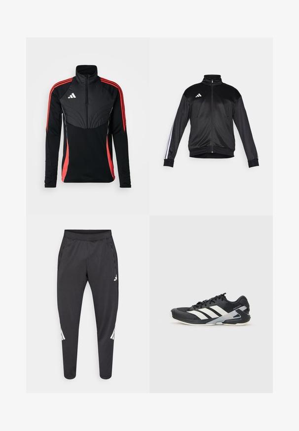 Must musta jope, mis on valmistatud siledast kangast, kõrge kraega, lukuga kinnitusega ja valgete triipudega varrukatel. Rinna kohal kolm valget triipu logo.; adidas Performance TIRO24 WINTERIZED - Pusa - black/shock red; Mustad spordipüksid kitsenevate säärtega, kummipaelaga vöökohal, küljetaskutega ning valge logoga ja triipudega. Valmistatud siledast, kerge kaaluga materjalist.; Mustad sportlik jalanõud mustade värvidega, valgete triipudega, võrgusilma pealmine osa, ümar varvas ja pehme tallaga. Omab tekstureeritud kontsa ja kindlat paeltesüsteemi.