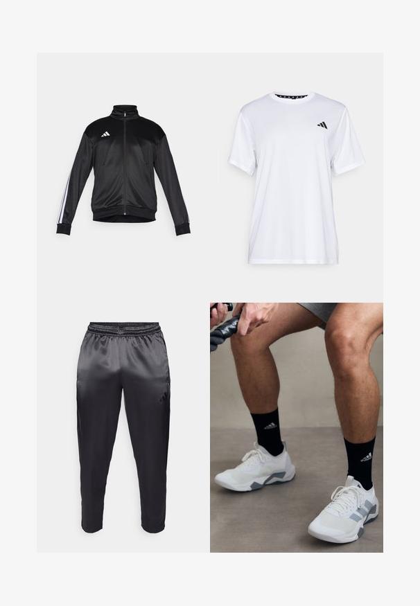 Černá sportovní bunda z hladkého materiálu, s vysokým límcem, zipem a bílými pruhovanými akcenty na rukávech. Tři bílé pruhy logo na prsou.; Bílý sportovní tričko s krátkými rukávy, vyrobené z materiálu odvádějícího vlhkost. Na levé straně hrudi se nachází černé logo a vnitřní límec je vzorovaný.; Černé sportovní kalhoty z hladké, lehké látky s elastickým pasem. Obsahují malé logo na levé straně a zúžené nohavice.; Bílé sportovní boty s šedými akcenty, texturovaný materiál a design na šňůrky. Nosač s černými ponožkami se znakem.