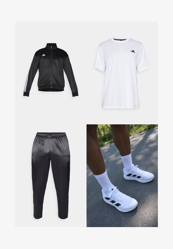 Black track jacket made of smooth fabric, featuring a high collar, zip closure, and white striped accents on sleeves. Three white stripes logo on chest.; White athletic t-shirt with short sleeves, made from moisture-wicking fabric. Features a black logo on the left chest and a patterned interior neckline.; Black athletic pants made of smooth, lightweight fabric with an elastic waistband. Features a small logo on the left side and tapered legs.; White athletic shoes with black accents, mesh upper, and white laces. Worn with white ribbed crew socks, positioned on a concrete surface.