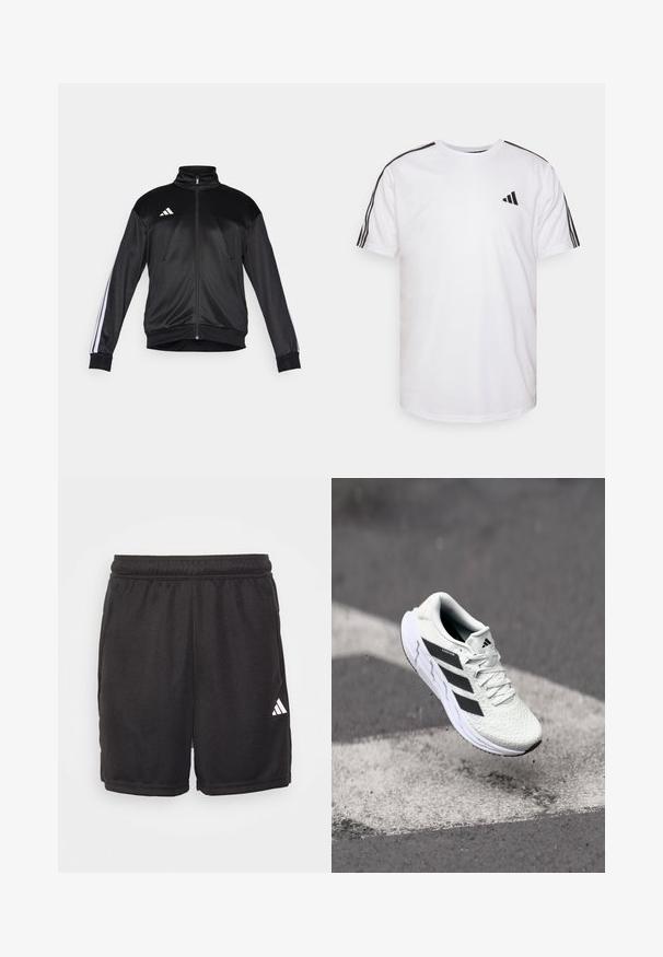 Schwarze Trainingsjacke aus glattem Stoff, mit hohem Kragen, Reißverschluss und weißen Streifenakzenten an den Ärmeln. Drei weiße Streifen-Logo auf der Brust.; Weißes T-Shirt aus Baumwolle mit Rundhalsausschnitt, kurzen Ärmeln und schwarzen Akzenten in Form von drei Streifen an den Schultern; hat ein kleines schwarzes Logo.; Schwarze Sportshorts aus glattem Stoff, mit einem elastischen Bund, seitlichen Taschen und einem weißen Adidas-Logo auf der unteren rechten Seite.; Weiße Sportschuh mit strukturiertem Mesh-Obermaterial, schwarzen Streifen, Schnürverschluss und gepolstertem Sohlen, schwebt über einer markierten Straßenoberfläche.