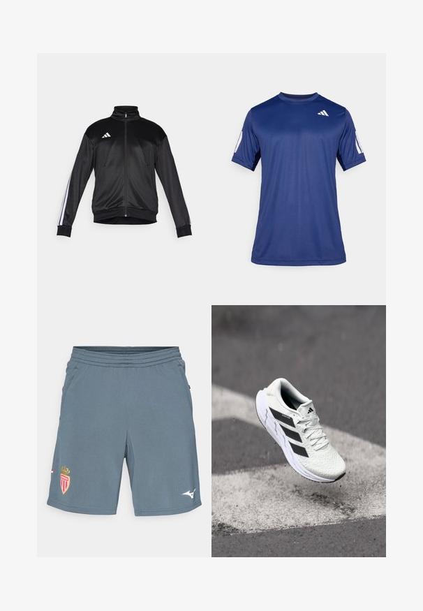 Čierna športová bunda vyrobená z hladkej látky, s vysokým golierom, zipsom a bielymi pásikmi na rukávoch. Trojprúžkový biely logo na hrudi.; Námornícky modrá športová košeľa s krátkym rukávom vyrobená z hladkej tkaniny, s okrúhlym výstrihom a bielym logom umiestneným na hornej ľavej strane hrude.; Šedé športové šortky vyrobené z ľahkého materiálu. Obsahujú elastický pás, bočné vrecká a červeno-zlaté tímové logo na ľavej nohe.; Biele športové tenisky s textúrovaným sieťovaným zvrškom, čiernymi pruhmi, šnurovaním a polstrovanou podrážkou, levitujúce nad označeným povrchom cesty.