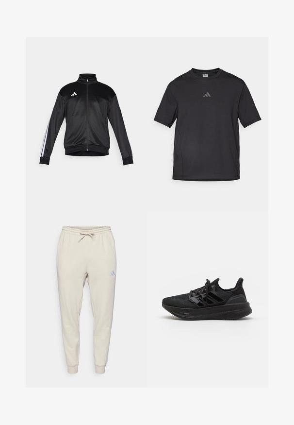 Sort træningsjakke lavet af glat stof, med høj krave, lynlås-lukning og hvide stribede detaljer på ærmerne. Tre hvide striber logo på brystet.; Sort atletisk t-shirt lavet af åndbart materiale, med korte ærmer, rund hals og et reflekterende logo på brystet.; Beige sweatpants med elastisk talje, snørebånd, tilspidsede ankler og lille logo på højre lår mod en ensfarvet hvid baggrund.; Sorte atletiksko med et struktureret strikstof, tre glansfulde striber, letvægts skumsål og forstærket hæl. Har snørebåndsdesign.