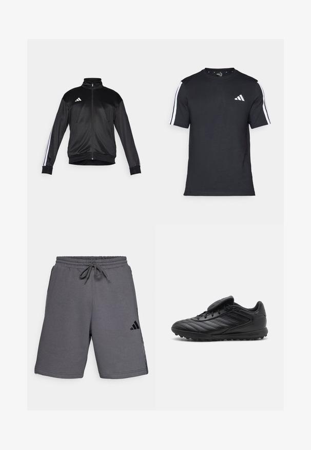 Svart treningsjakke laget av glatt stoff, med høy krage, glidelås og hvite striper på ermene. Tre hvite striper logo på brystet.; Svart T-skjorte laget av bomull med korte ermer, med hvite striper på skuldrene og en hvit logo på venstre bryst.; Grå treningsshorts med elastisk midje og snøring, med en svart Adidas-logo på venstre ben.; Svarte syntetiske fotballsko med en teksturert overdel, utstyrt med snøring, polstret tunge og gummisertede såler for godt grep.