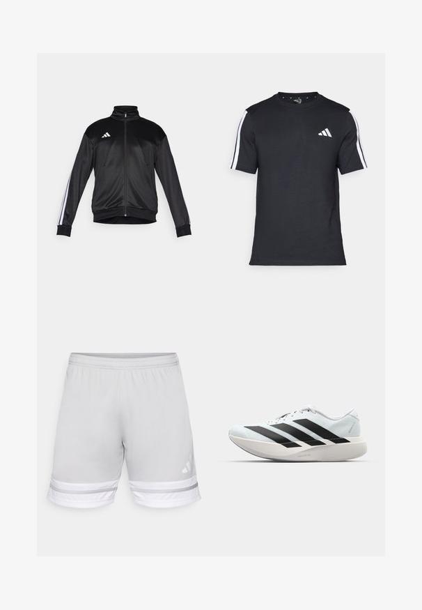 Must musta jope, mis on valmistatud siledast kangast, kõrge kraega, lukuga kinnitusega ja valgete triipudega varrukatel. Rinna kohal kolm valget triipu logo.; Mustvalge T-särk puuvillast, lühikeste varrukatega, millel on valged triibud õlgadel ja valge logo vasakul rinnal.; Heledad hall kuni lühikesed pükse, millel on elastne vöökoht, valged ja hallid triibud äärisel ning Adidas'i logo.; Kerged jooksujalatsid helesinises värvuses mustade triipudega. Omavad siledat pealispinda, ümarat varvase osa ja paksu valget vahemõõtu, millel on silt "LIGHTSTRIKE PRO".